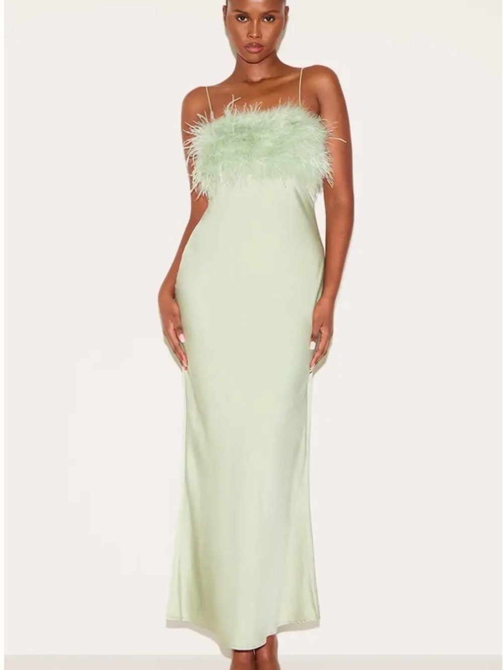 NWT PrettyLittleThing Pale Green Feather-Trim Slip Maxi Dress